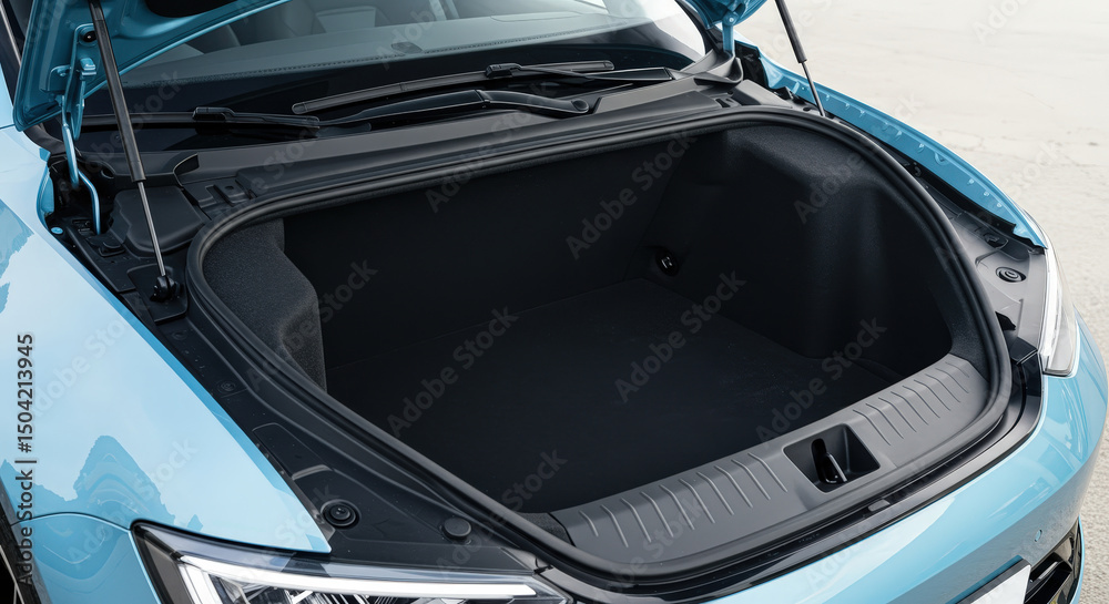Fototapeta premium Open front trunk frunk storage of modern light blue electric car ev vehicle close up view