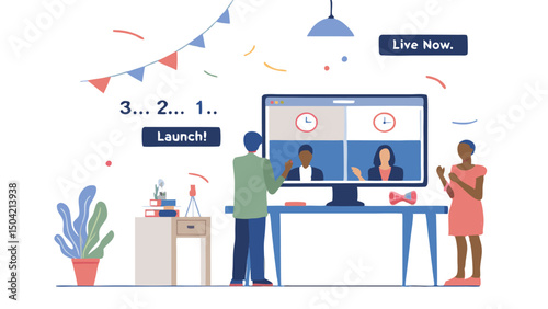 A virtual launch event with people on a screen and decorations in a bright and festive environment setting