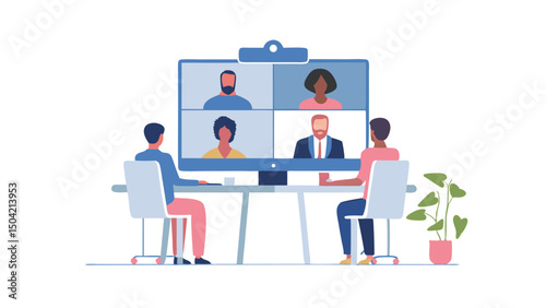 Two people watching a video conference on a large screen with four participants in a bright office space