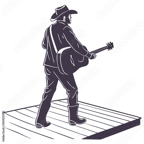 Solid black silhouette of a guitarist strumming, vector EPS