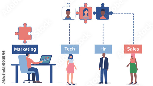 Illustration showing marketing tech hr and sales teams connected by puzzle pieces on a white background