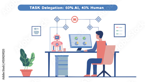 A cartoon illustration showing a person working at a computer with a robot assistant in an office setting