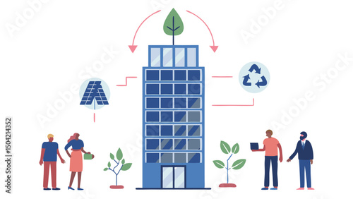 A sustainable building with solar panels, recycling symbol, and people promoting environmental awareness