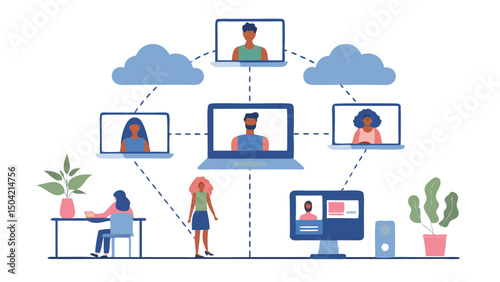 Online meeting illustration showing people connecting virtually with laptops and computers in a network