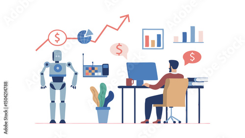 A robot and a man working at a desk with charts and graphs symbolizing financial growth and automation era