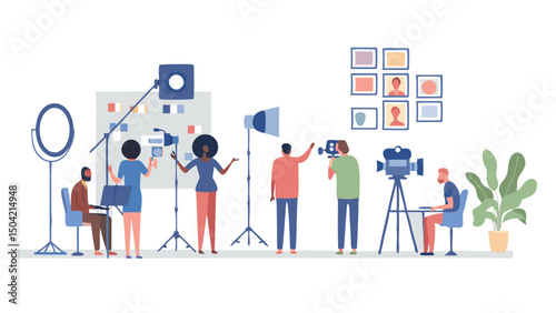 Illustration of a film crew shooting a scene with lights camera and actors in a studio setting indoors