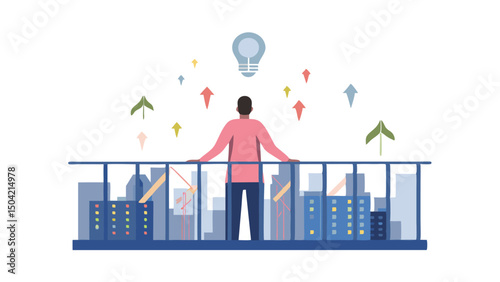 A person standing on a balcony overlooking a city with arrows and a lightbulb above them in the sky
