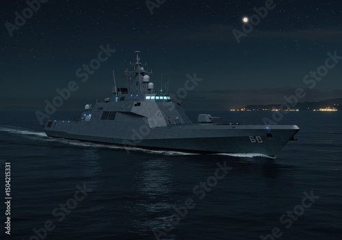 Futuristic stealth littoral combat ship navigating calm waters under a starry night sky