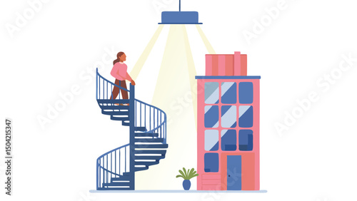 A woman ascending a spiral staircase next to a pink building under a bright light fixture above her head