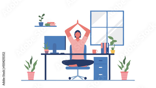 Illustration of a person meditating on a desk in an office with plants and a window in the background