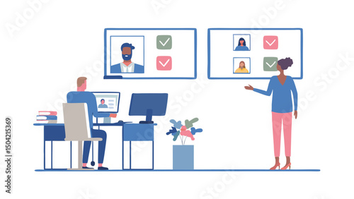 Illustration of office setting with people in meeting and computer screens displaying video call participants