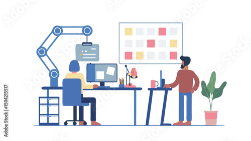 Illustration of a modern office space with people working at desks and a robotic arm present in the scene