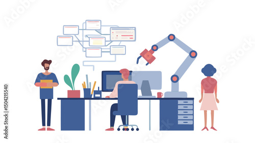 Illustration of a workplace with people at desks and a robotic arm, indicating automation and technology