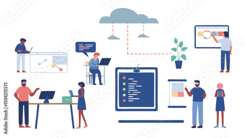 A collaborative team working with cloud technology and data visualization in a modern office setting space