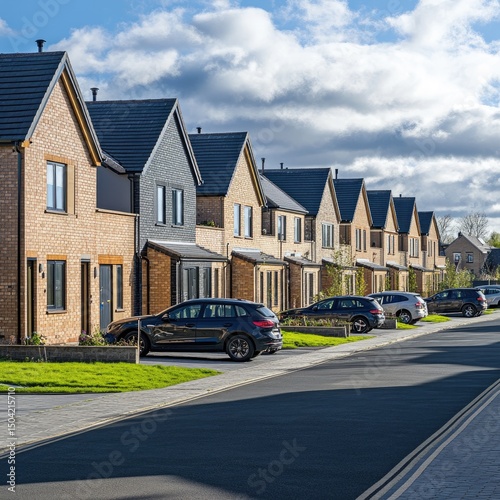 Row of identical new-build homes in a UK estate development with cars in driveways