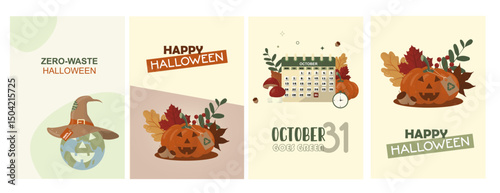 Happy Halloween posters set. Zero-Waste Eco-Friendly October Calendar Design. Eco-Halloween design collection featuring zero-waste messaging. Green halloween. Flat style. Vector illustration
