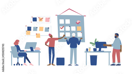 Illustration of a collaborative office space with people working and planning on a calendar board