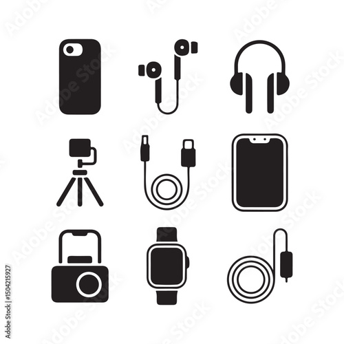 This vector graphic features a collection of essential digital accessories, including a phone case, earbuds, headphones, a tripod, a charging cable, a smartphone, a camera bag, a smartwatch on white
