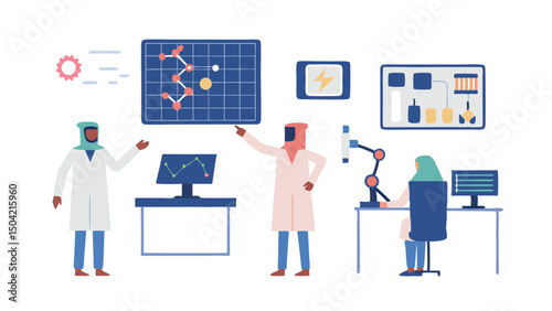 Illustration of scientists working in a futuristic laboratory with advanced technology and equipment