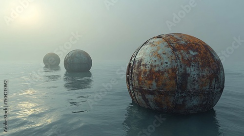 Mysterious rusty orbs afloat in serene waters beneath a hazy and overcast sky