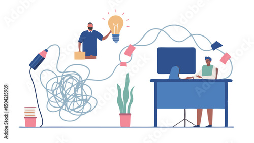 Illustration of a man with a lightbulb, a desk with a computer, and tangled lines connecting them all