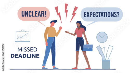 Illustration of two people arguing about unclear expectations and a missed deadline in the workplace
