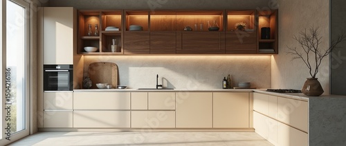 Modern minimalist kitchen , close up shot, beige cabinets floor to ceiling, combined with walnut wood open cabinets with led lights, floating ceiling. Natural light. 