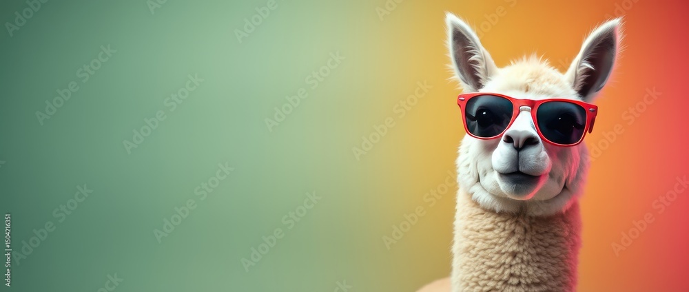 Fototapeta premium Funny llama wearing sunglasses in studio with a colorful and bright background, right side of the composition