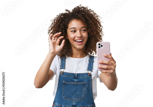 Teen girl taking selfie with smartphone, joyful expression, casual fashion on white studio background
