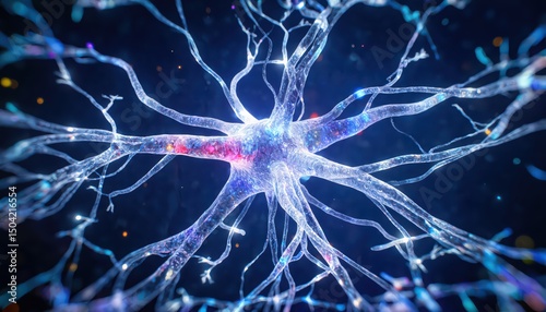 Intricate Structure of a Neuron with Glowing Synaptic Connections and Vibrant Background