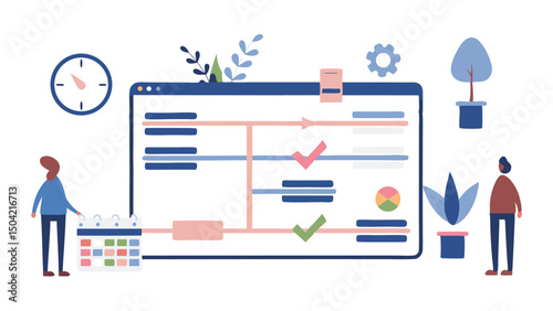 Illustration of a project management interface with people calendar clock and plant elements on a white background