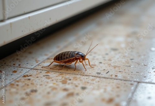 Close-up of a Cockroach on a Dirty Floor Near a White Baseboard: A Detailed Study of an Urban Pest photo