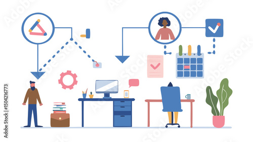 Illustration of a workflow diagram with people, desk, computer, calendar and other office elements shown