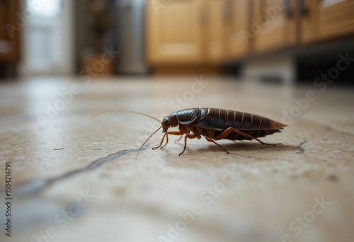 Closeup of a Cockroach Crawling on Kitchen Floor: A Detailed Look at an Unwanted House Guest
