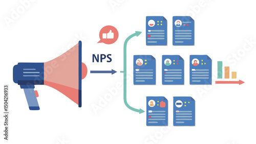 A visual representation of nps with a megaphone leading to customer profiles and a decreasing bar graph