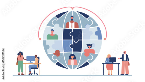 Illustration of diverse people connected by puzzle pieces forming a globe with coworkers at computers