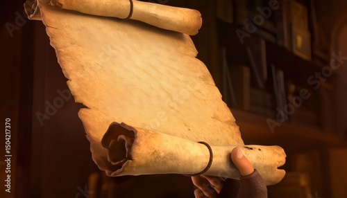 Ancient Scroll on a Rustic Table Surrounded by Warm Lighting in a Cozy Library Setting