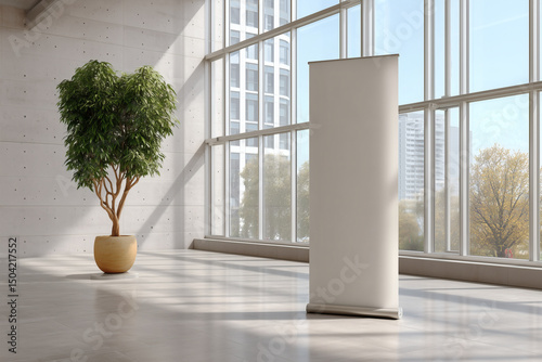 Blank banner stand near a window in a spacious, modern office with a tree. Interior advertising space. photo