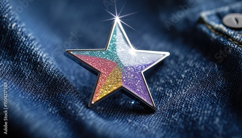 Glittering Star Pin on Denim Fabric with Sparkling Colors and Reflections