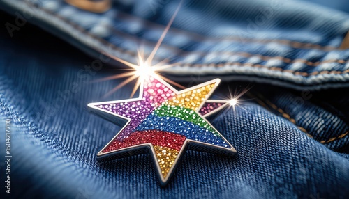 Colorful Star Pin with Sparkling Rhinestones on Denim Fabric Background