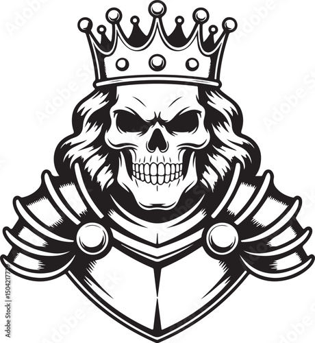 Skeleton King in Cloak and Crown – Dark Gothic Vector Illustration | Dark Skull King Silhouette Wearing a Crown on High Contrast Background