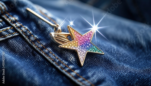 Sparkling Star Charm on Denim Fabric with Bright Glamorous Features and Colorful Gems