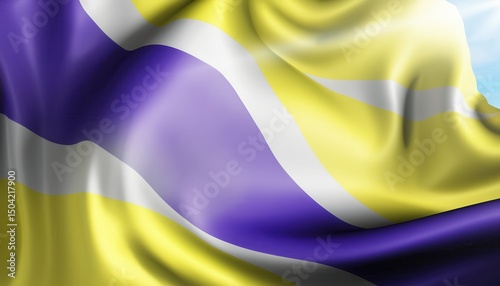 Colorful fabric flag with flowing blue, yellow, and white intricate wave design in the wind