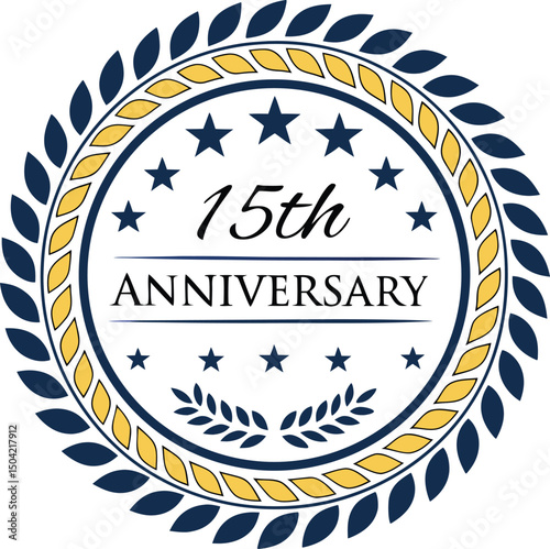 Elegant 15th Anniversary Emblem with Laurel Wreath, Stars, and Classic Typography.