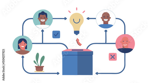 Illustration of brainstorming process with diverse people sharing ideas to a central box with bulb