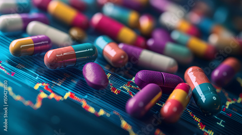 Fluctuating stock market chart intertwined with medicine price volatility, symbolizing the dynamic intersection of financial trends and healthcare economics.
