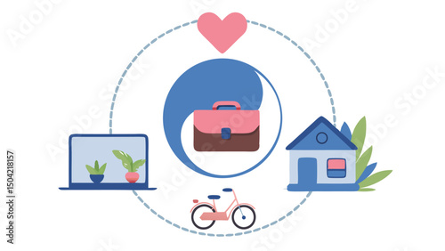 Illustration showing work life balance with laptop house briefcase bicycle and heart in a circular design