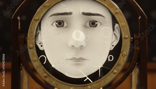 Surreal portrait of a young woman framed by a metallic structure with abstract elements surrounding her