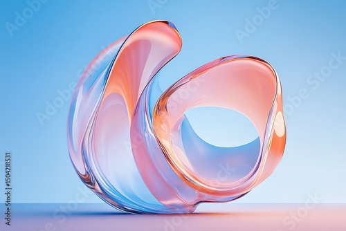 Abstract flowing fluid form in rose gold and blue shimmers against soft gradation