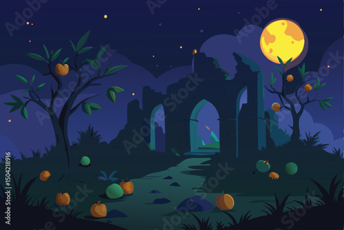 halloween night landscape with moon